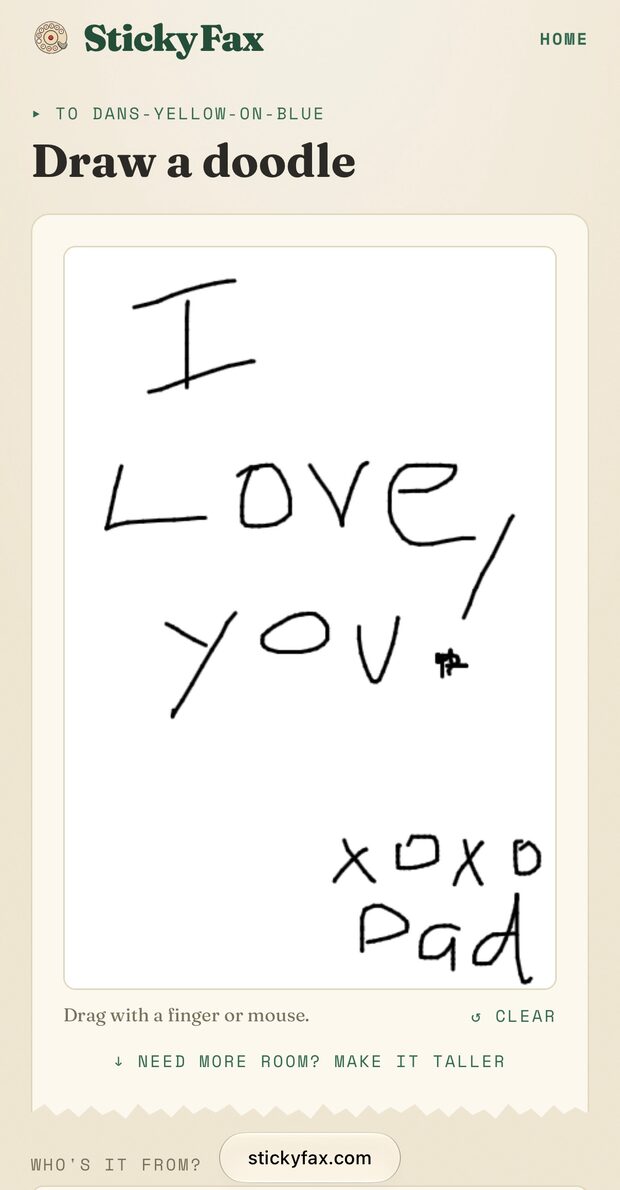 The Sticky Fax composer open in a phone browser, a finger-drawn "I love you! xoxo Dad" on the screen